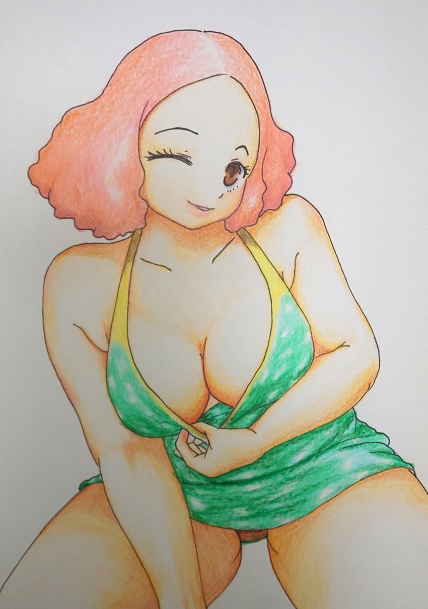 1girls big_breasts fluffy_hair haru_okumura mizuyama persona persona_5 short_hair swimsuit thick_thighs wink