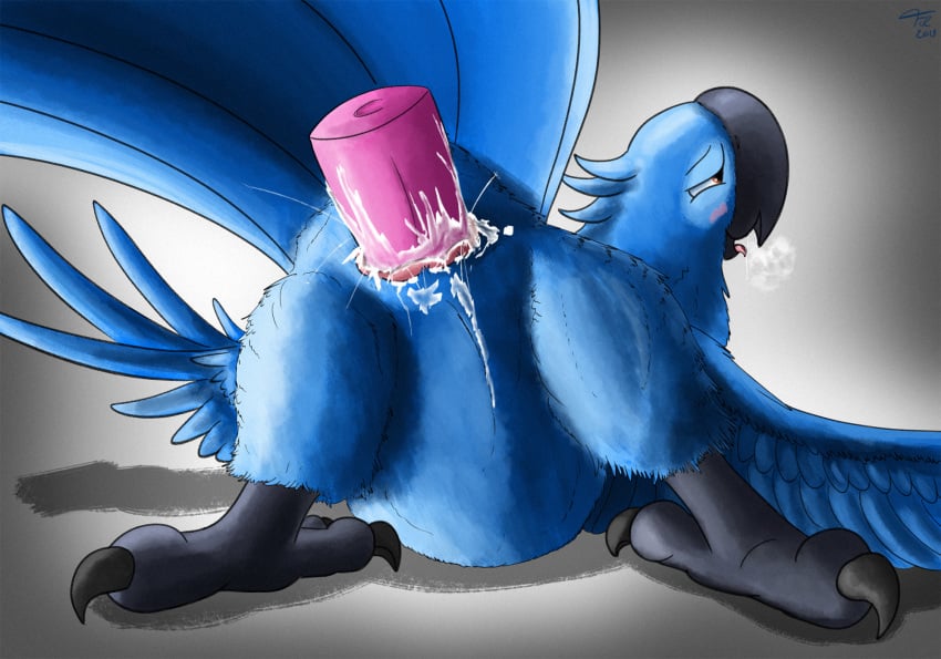 2019 2_toes ambiguous_gender animal_genitalia ass ass_up avian barefoot beak bird bird_feet blu_(rio) blue_feathers blue_sky_studios blush bodily_fluids brown_eyes claws cloaca cloaca_juice cloacal_penetration cum dildo drooling feathered_wings feathers feral fol genital_fluids half-closed_eyes heavy_breathing hi_res macaw male male_only masturbation neotropical_parrot open_mouth parrot penetration presenting presenting_hindquarters rio_(film) rio_(series) saliva sex_toy simple_background solo talons text toe_claws toes tongue tongue_out true_parrot watermark wet