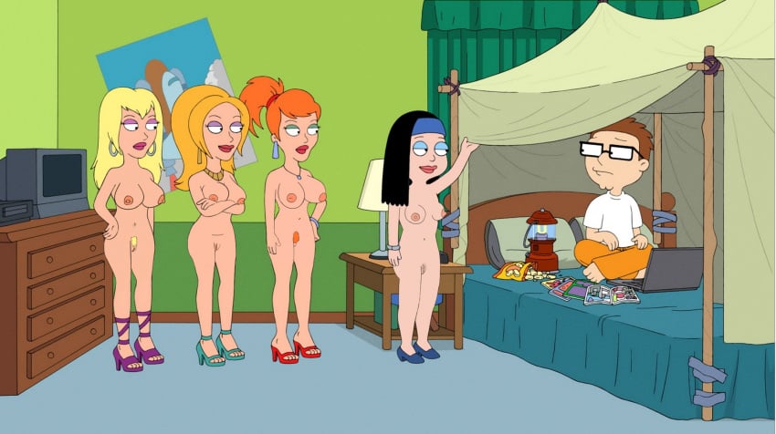 accurate_art_style american_dad areolae bed bedroom black_hair blonde_hair breasts brown_hair clothed_male_nude_female danuta earrings female hair hayley_smith high_heels hourglass_figure jewelry kristen laptop long_hair male medium_breasts midriff multiple_girls naked_footwear naked_heels necklace nipples nude pubic_hair pussy red_hair steve_smith wallpaper zooey