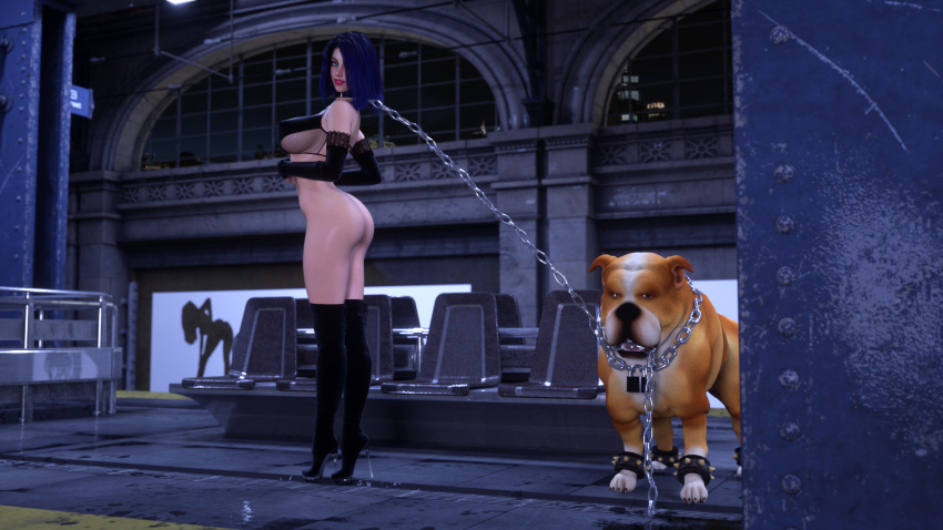 1boy 1girls 3d ass blonde_hair breasts canine clothed_female_nude_male dizzydills dog_leash high_heels larger_female size_difference smaller_male sylvia train_station zoophilia