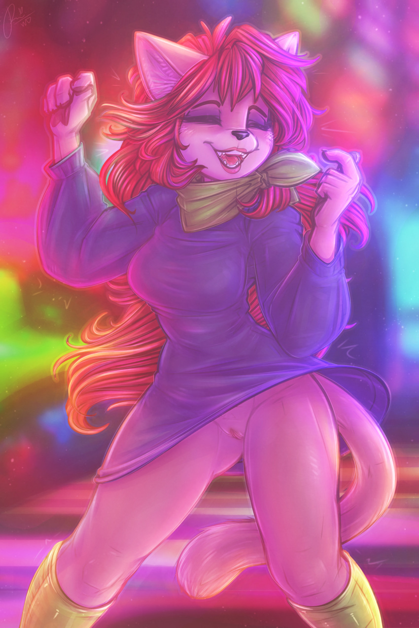 2019 5_fingers absurd_res anthro bottomless cattanooga_cats closed_eyes clothed clothing dancing digital_media_(artwork) dimwitdog domestic_cat felid feline felis female fingers hair hanna-barbera hi_res kitty_jo legwear long_hair mammal open_mouth pink_hair pussy scarf solo topwear