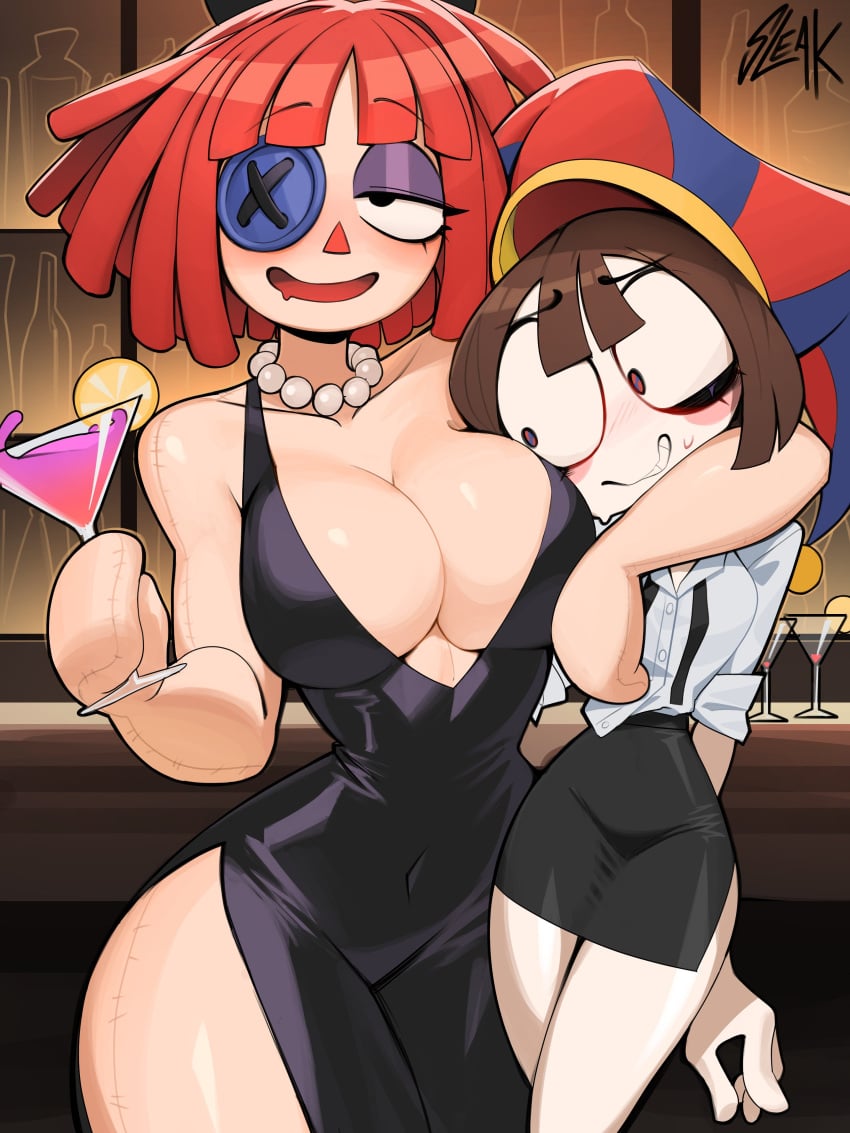 2girls black_dress brown_hair button_eye doll_girl drinking drunk fully_clothed_female glitch_productions gooseworx huge_breasts jester jester_hat pomni pomni_(tadc) pomni_(the_amazing_digital_circus) ragatha ragatha_(pub_outfit) ragatha_(tadc) ragatha_(the_amazing_digital_circus) ragdoll red_hair sleakj3 tagme the_amazing_digital_circus untitled_(tadc) yuri