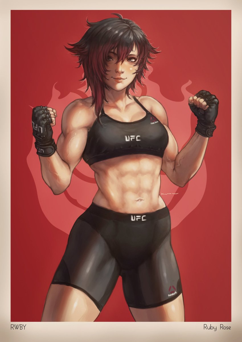 1girls 2019 abs aged_up belly bike_shorts black_hair blush booty_shorts breasts clothed clothes eye_contact female female_only fingerless_gloves gloves grey_eyes gym_shorts gym_uniform hair_over_one_eye half-closed_eyes highres human looking_at_viewer midriff mma mma_gloves muscles muscular muscular_arms muscular_female muscular_legs navel pose prinzkuon red_background red_hair red_highlights ruby_rose rwby short_hair shorts smile solo spats sports_bra text thick_thighs thigh_gap tight_clothing ufc veins watermark white_border white_skin workout_clothes