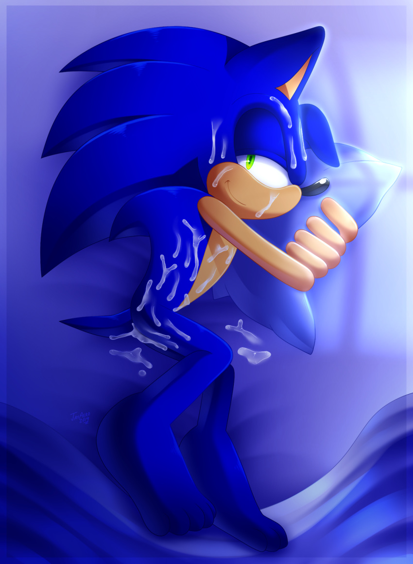 anthro bodily_fluids cum eulipotyphlan furry genital_fluids hedgehog hi_res jayaero male male/male male_only mammal solo sonic_(series) sonic_the_hedgehog