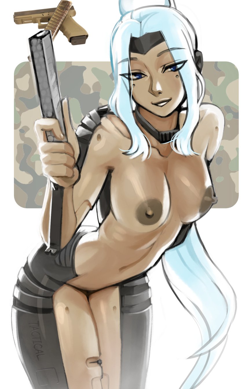 1girls blue_eyes breasts gun nipples nude original_character solo solo_female tagme telepurte white_hair