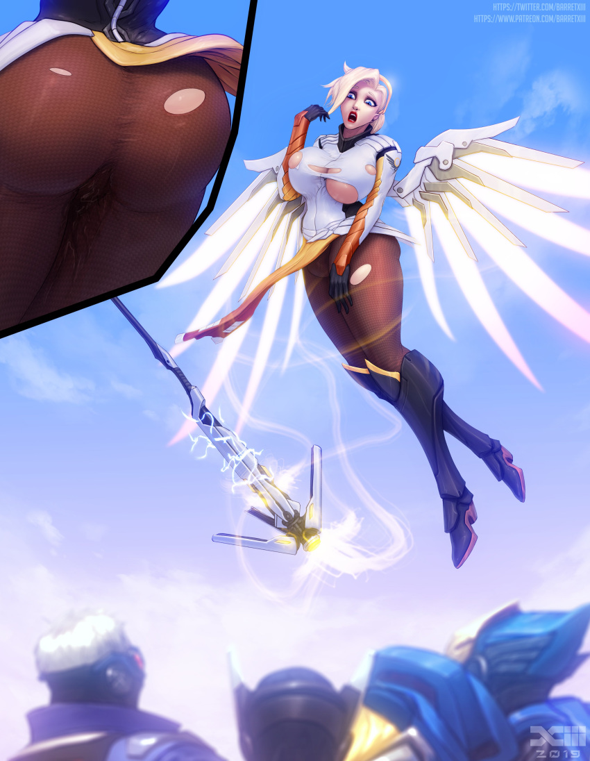 1girls absurdres ass barretxiii big_ass big_breasts breast_expansion breasts cleavage female female_only genji highres large_breasts mercy overwatch pharah pussy_juice soldier_76 solo torn_clothes