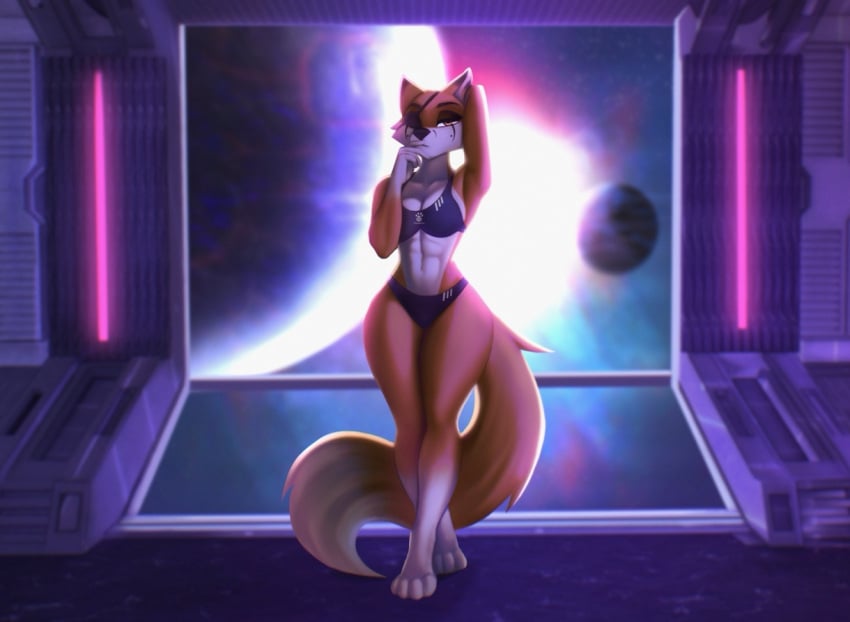 2022 amber_eyes anthro aozee athletic athletic_female black_bra black_panties black_pupils bra breasts canine canine_humanoid cleavage digital_media_(artwork) eyebrows eyelashes eyepatch female female_only fox fox_humanoid furry furry_female furry_only looking_at_viewer mammal mammal_humanoid navel no_humans outer_space panties paws planet sipher_(tacticalfox4) solo solo_female space standing tagme tail white_sclera white_tipped_tail