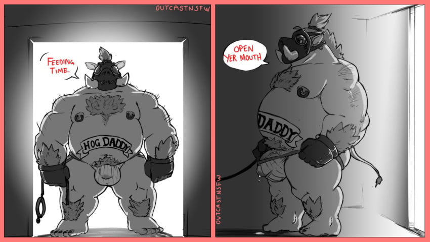 2019 anthro belly big_belly blizzard_entertainment bodily_fluids bulge clothed clothing dialogue domestic_pig english_text fur genital_fluids glistening gloves hair handwear hi_res leash male male_only mammal mask monochrome nintendo offscreen_character outcast-stars overwatch overweight precum roadhog rubber solo speech_bubble standing suid suina sus_(pig) tattoo text topless tusks underwear video_games