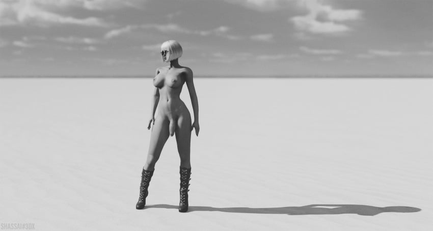 1futa 3d areolae breasts curvy erect_nipples fit flaccid futa_only futa_sans_balls futanari intersex large_breasts monochrome naked_boots naked_footwear naked_with_shoes_on nipples nude penis pinup realistic sasha_(shassai) shassai solo solo_futa standing sunglasses white_hair wide_hips