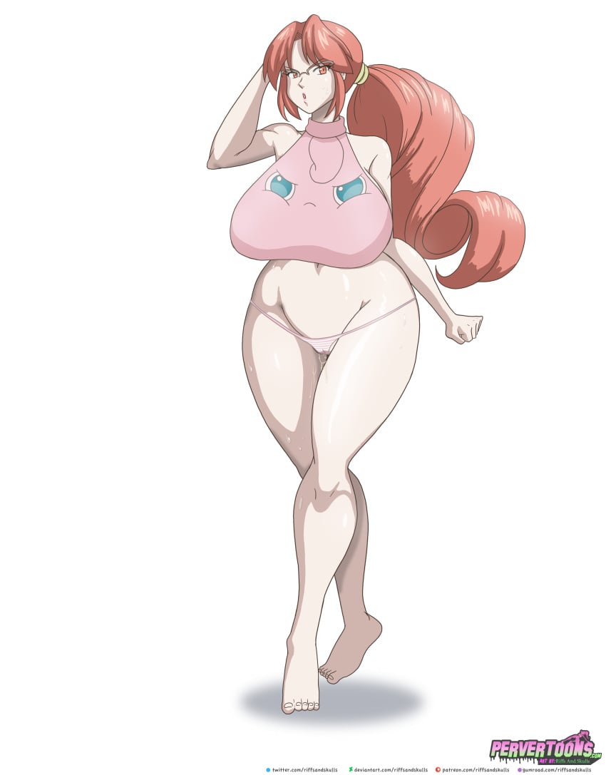 1girls big_breasts curvy_figure elite_four eye_contact feet glasses hair_tie huge_breasts innie_pussy large_breasts long_hair looking_at_viewer lorelei_(pokemon) lorelei_(pokemon_frlg) nintendo pale-skinned_female pale_skin pink_thong pokemon pokemon_rgby red_eyes red_hair riffsandskulls thick_thighs thighs thong toenails voluptuous white_background wide_hips