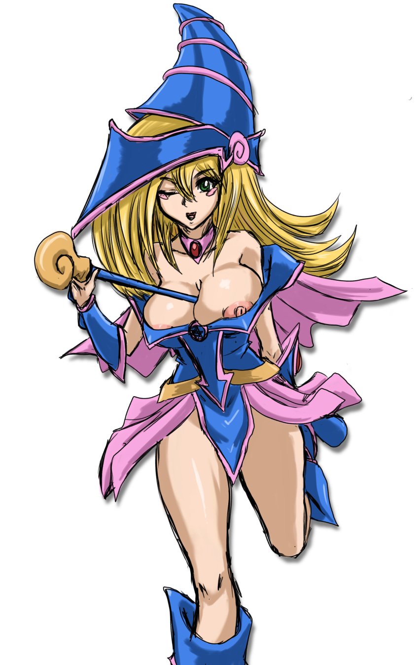 1girls areolae between_breasts big_nipples blonde_hair blush boots bursting_breasts choker clothed dark_magician_girl dress duel_monster eye_contact female female_only hat huge_breasts large_breasts leg_up long_hair looking_at_viewer nipples open_mouth pose revealing_clothes shounen_jump sketch smile solo staff standing thick_thighs tongue white_background wide_hips wink yu-gi-oh! yu-gi-oh!_duel_monsters zahkey