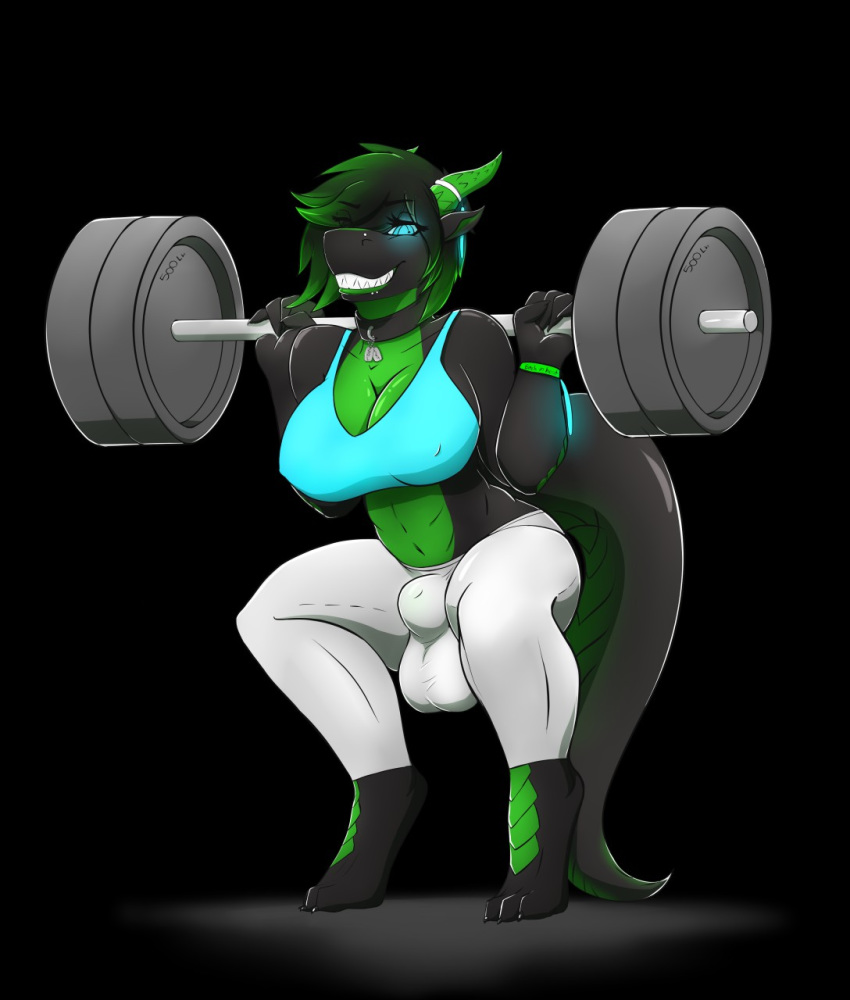 1futa anthro barefoot big_breasts breasts bulge cleavage clothed clothing collar crouching dickgirl dragon exercise eyelashes furry futa_only futanari gynomorph hair hair_over_eye horn intersex midriff nipple_outline piercing smile solatok_shadowscale solo solo_futa weightlifting workout zigzagmag