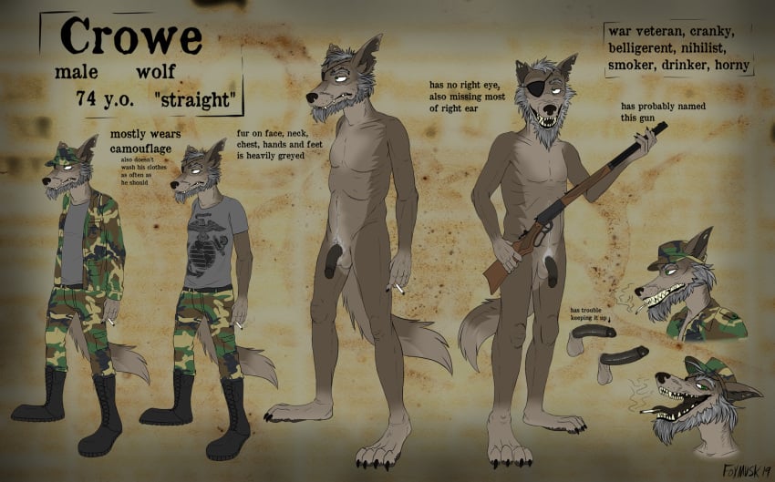 2019 anthro balls beard biped canid canine canis cigaratte crowe_(foxmusk) digital_media_(artwork) eye_patch eyewear facial_hair foxmusk fur gun hair hairy hi_res humanoid_penis male mammal mature_male military model_sheet nude old penis ranged_weapon sharp_teeth solo teeth weapon wolf wrinkles