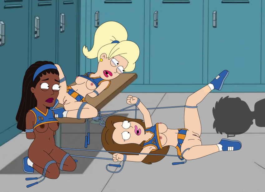 3girls accurate_art_style american_dad amy_(american_dad) anus areolae black_hair blonde_hair bondage breasts brown_hair cheerleader_uniform crop_top female footwear frost969 hair headband innie_pussy janet_lewis legs_up lisa_silver locker_room male midriff multiple_subs nipples ponytail pussy rope scared silhouette skimpy steve_smith tears