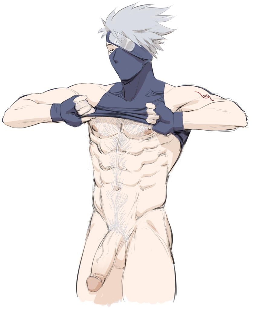 1boy abs balls big_penis black_eyes fingerless_gloves forehead_protector gloves grey_hair hatake_kakashi headband huge_cock juhihuji large_penis looking_at_viewer male male_only mask naruto naruto_(series) naruto_shippuden nipples one_eye_covered pecs penis pose posing presenting_penis rrrotten shirt_lift shirt_up sleeveless sleeveless_shirt solo solo_focus solo_male standing testicles undressing