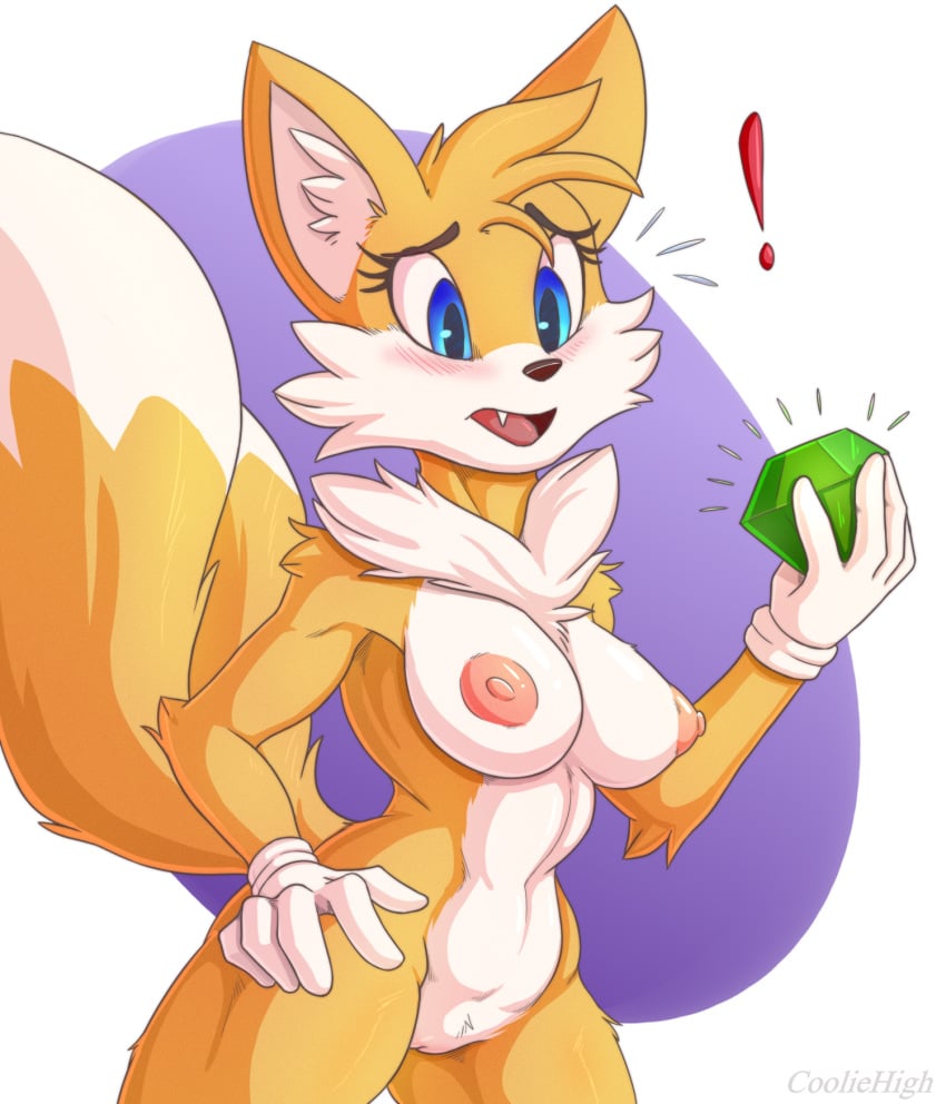 ! anthro blue_eyes breasts canid canine chest_tuft clothing cooliehigh cute emerald_(disambiguation) exposed_torso female footwear fox fur furry furry_only gloves handwear hi_res humanoid mammal pussy rule_63 solo sonic_(series) tail tails tailsko thick_thighs tuft