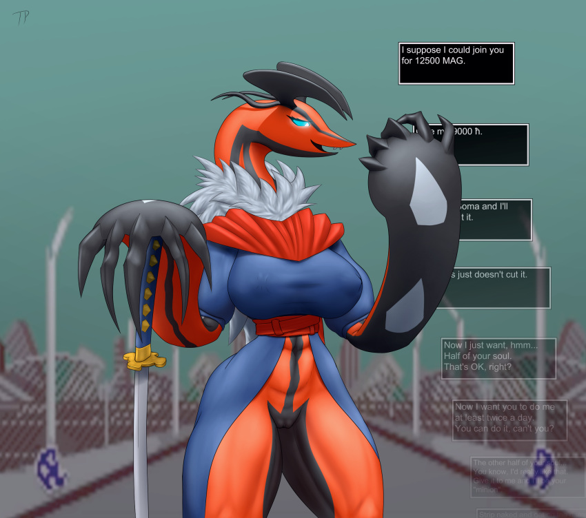 1girls 2019 abs anthro anthrofied big_breasts big_hands blue_eyes bottomless breasts claws clothed clothing dialogue english_text eye_contact fangs female fur glowing glowing_eyes half-closed_eyes hi_res horn huge_breasts legendary_pokemon looking_at_viewer melee_weapon muscular muscular_female muscular_legs neck_tuft nintendo original_character pokémon_(species) pokemon pokemon_(species) pokemon_xy pussy red_skin robe skimpy solo sword talking_to_viewer testowepiwko text thick_thighs thigh_gap thin_waist tuft video_games weapon wide_hips yveltal