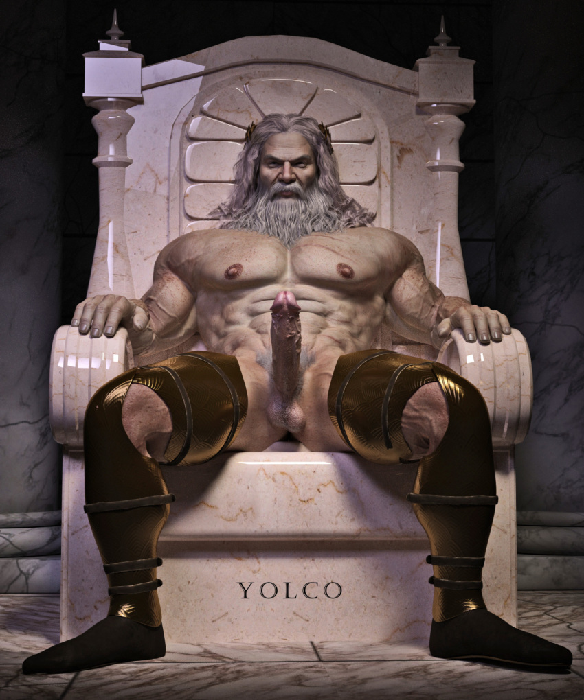 1boy 1male 3d abs balls beard big_penis cgi deity erection greek_mythology human humanoid long_hair male male_only manspreading mature mature_male naked naked_footwear naked_male nude nude_male pecs penis rapist rapist_real silver_hair solo thigh_boots veiny_penis white_male yolco zeus