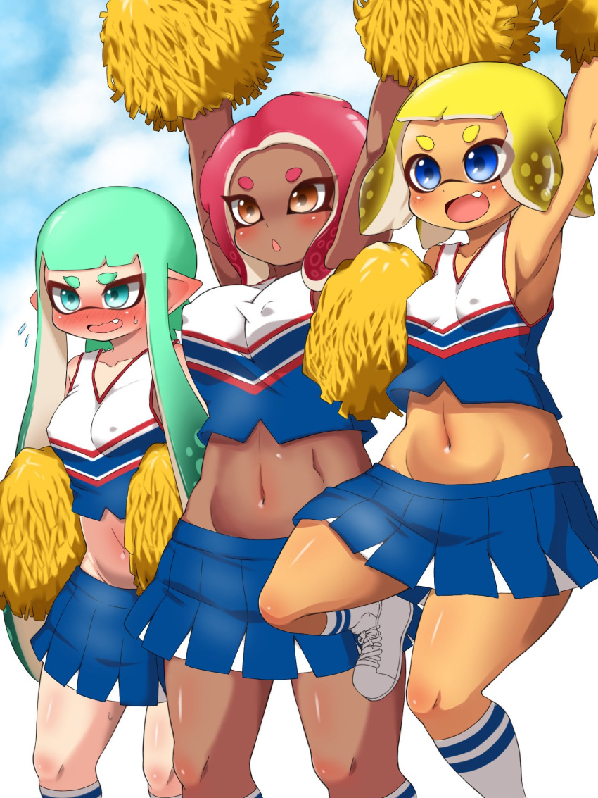 3girls agent_3_(splatoon) agent_4_(splatoon) agent_8_(splatoon) aqua_eyes big_breasts blue_eyes blue_skirt blush breasts cephalopod cephalopod_humanoid cheerleader cheerleader_uniform clothed clothing dark-skinned_female dark_skin female female_only humanoid large_breasts marine marine_humanoid miniskirt multiple_girls navel nintendo nipple_bulge orange_eyes pengin_maru pleated_skirt pointy_ears shiny_skin skirt small_breasts splatoon tan tentacle_hair thighs