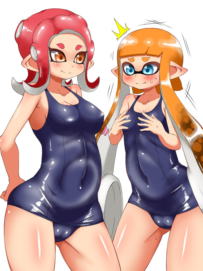 2girls agent_3_(splatoon) agent_8_(splatoon) big_ass big_breasts blue_eyes blush breast_envy breasts cameltoe cephalopod cephalopod_humanoid duo female female_only humanoid inkling jealous marine marine_humanoid medium_hair multiple_girls nintendo octoling one-piece_swimsuit orange_eyes pengin_maru pointy_ears shiny shiny_clothes shiny_hair shiny_skin small_breasts smile splatoon standing swimsuit tentacle_hair thighs very_long_hair white_background