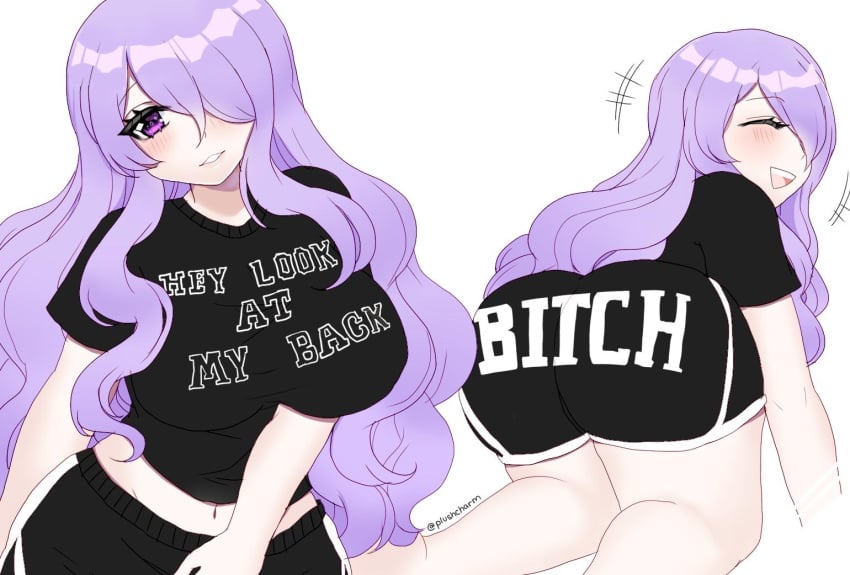 all_fours bent_over big_ass big_breasts blush camilla_(fire_emblem) closed_eyes female female_only fire_emblem fire_emblem_fates funny hair_over_one_eye plushcharm purple_eyes purple_hair shirt shorts white_background