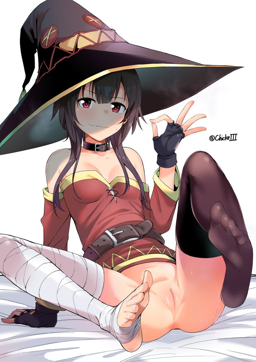 1girls bandages chicke_iii dress feet female female_only kono_subarashii_sekai_ni_shukufuku_wo! megumin no_bra nopan photoshop pussy signed skirt_lift solo thighhighs uncensored witch