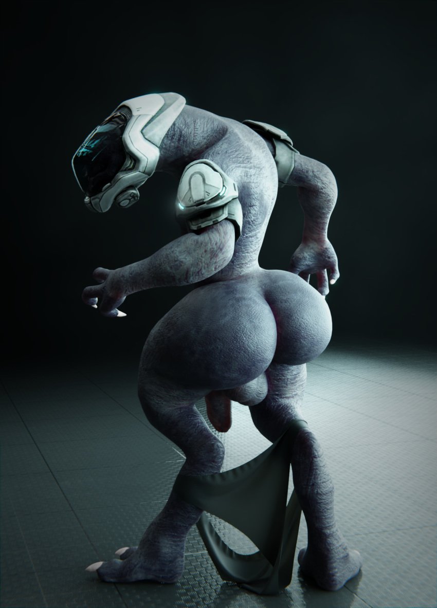 1boy 2019 3d alien anthro armor ass ass_focus balls big_butt big_penis chittercg clothing deepspacebug gay halo halo_(series) headgear helmet hi_res looking_back male male_only male_sangheili_(halo) microsoft nude penis sangheili solo standing thick_thighs underwear video_games xbox_game_studios