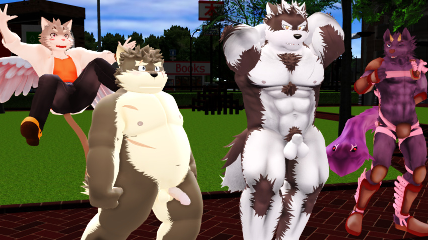 10s 16:9 2019 3d abs anthro armor balls bathym belly blush canid canine canis demon digital_media_(artwork) domestic_cat domestic_dog exhibitionism felid feline felis fur horkeukamui horn kemono male male_only malicekira mammal moritaka muscular muscular_male navel nipples nude outside overweight overweight_male park penis public public_nudity purple_fur scar sitri slightly_chubby tokyo_afterschool_summoners video_games