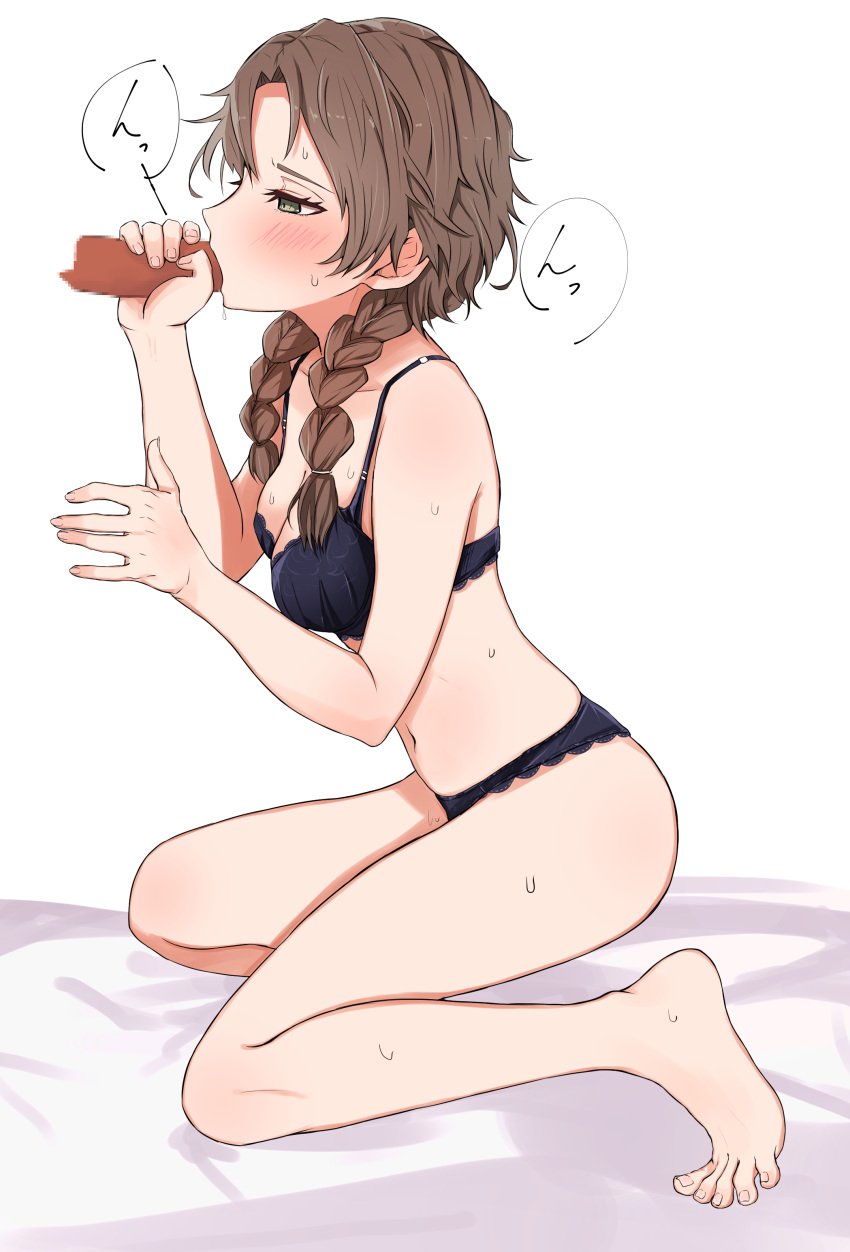 1girls amane_suzuha black_bra black_panties blowjob blush bra braid braided_hair breasts brown_hair cleavage clothing fellatio female green_eyes hand_on_penis kahlua_(artist) legs long_hair male matching_underwear open_mouth oral panties penis steins;gate sucking sweat tied_hair twin_braids underwear