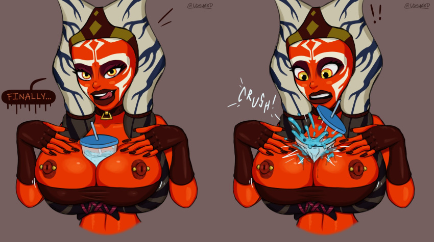 1girls 2019 ahsoka_tano alternate_breast_size areolae big_breasts bimbo breasts bubble_tea bubble_tea_challenge busty choker cleavage crop_top disney english_text eyelashes eyeliner eyeshadow female female_focus female_only fingerless_gloves highres huge_breasts lipstick looking_at_viewer meme neckwear nip_slip nipple_piercing nipples onomatopoeia open_mouth orange_eyes orange_skin piercing simple_background sith smile solo speech_bubble star_wars star_wars_rebels text thick_lips togruta tongue_out tubetop upsydedowne yellow_eyes