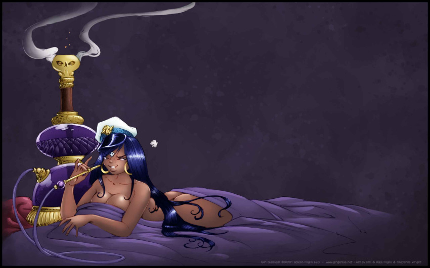 1girls bangladesh_dupree blue_hair breasts cleavage earrings female female_only girl_genius hat hookah looking_at_viewer lying_down nude on_front phil_foglio tagme webcomic