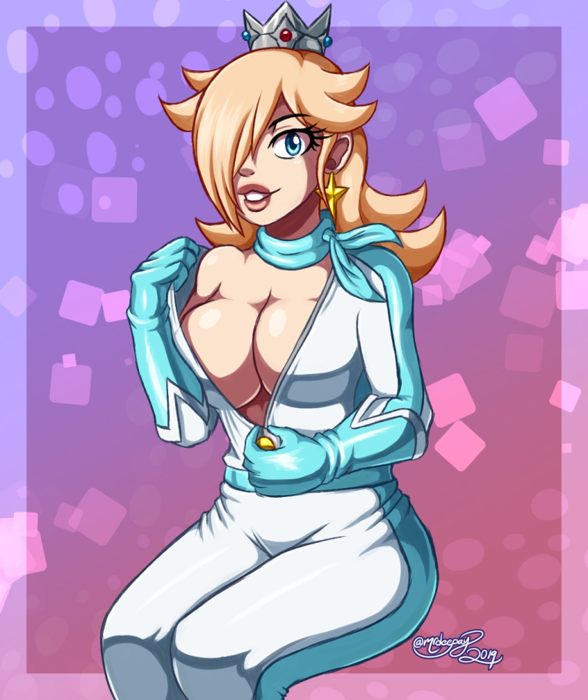 1girls 2019 blonde_hair blue_eyes blue_gloves breasts cleavage crown dpsiko earrings gloves hair_over_one_eye jumpsuit large_breasts legs lips long_hair looking_at_viewer mario_(series) mario_kart mrdeepay nintendo parted_lips princess_rosalina scarf signature sitting smile unzipped