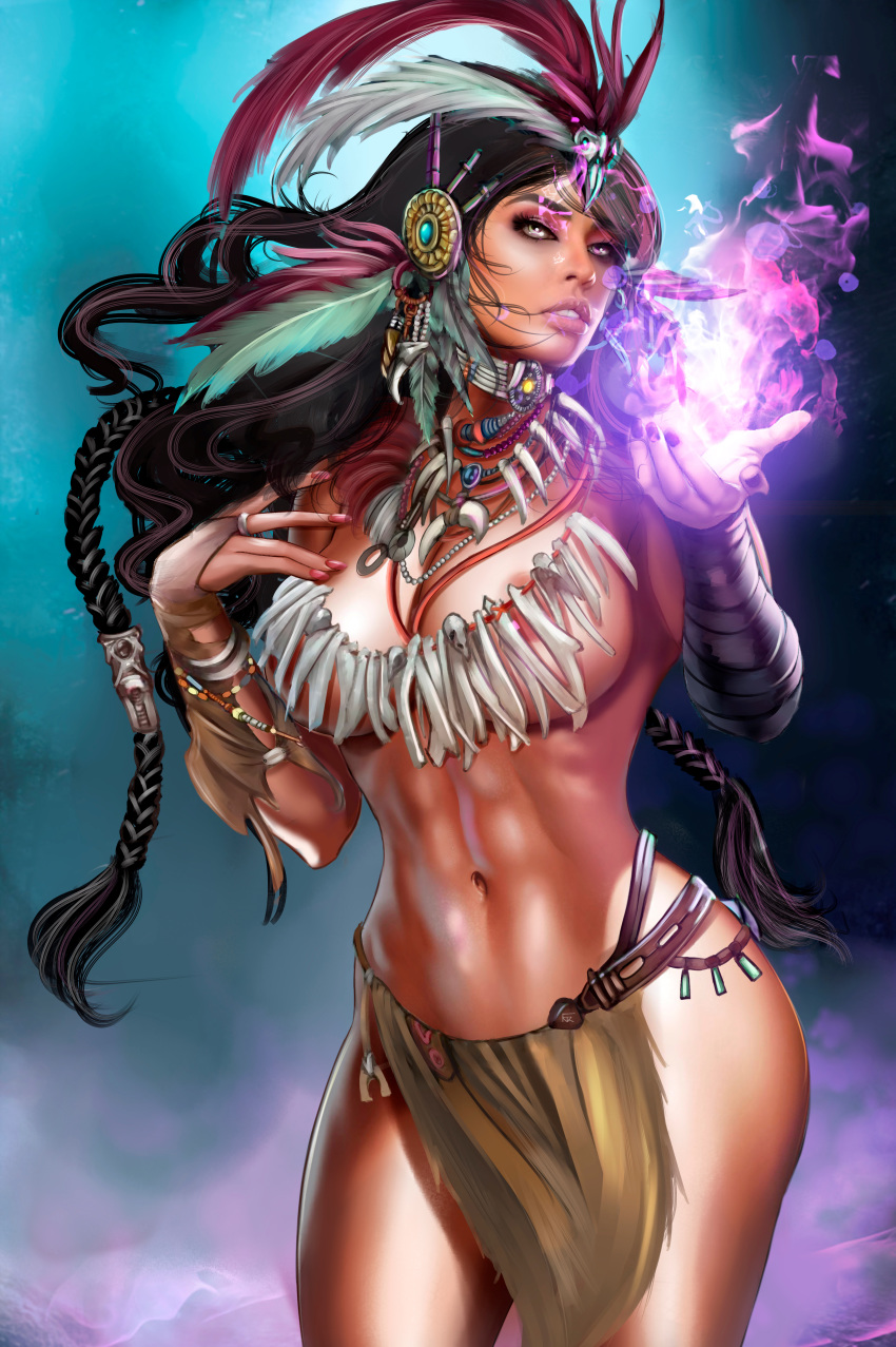 1girls abs absurd_res absurdres accessory alternate_version_available big_breasts black_hair bone_necklace braid braided_hair braided_ponytail breasts busty casting_spell cowboy_shot dark-skinned_female dark_skin dreamcatcher eyeshadow feathers female female_only fingerless_gloves hair_ornament heterochromia highres human human_only killbiro large_breasts leah_bright_waters lipstick loincloth long_hair makeup mascara nail_polish native_american necklace nipples partially_visible_nipples pink_lips pink_lipstick pinup ring shadows_of_brimstone solo spell standing thighs toned_female