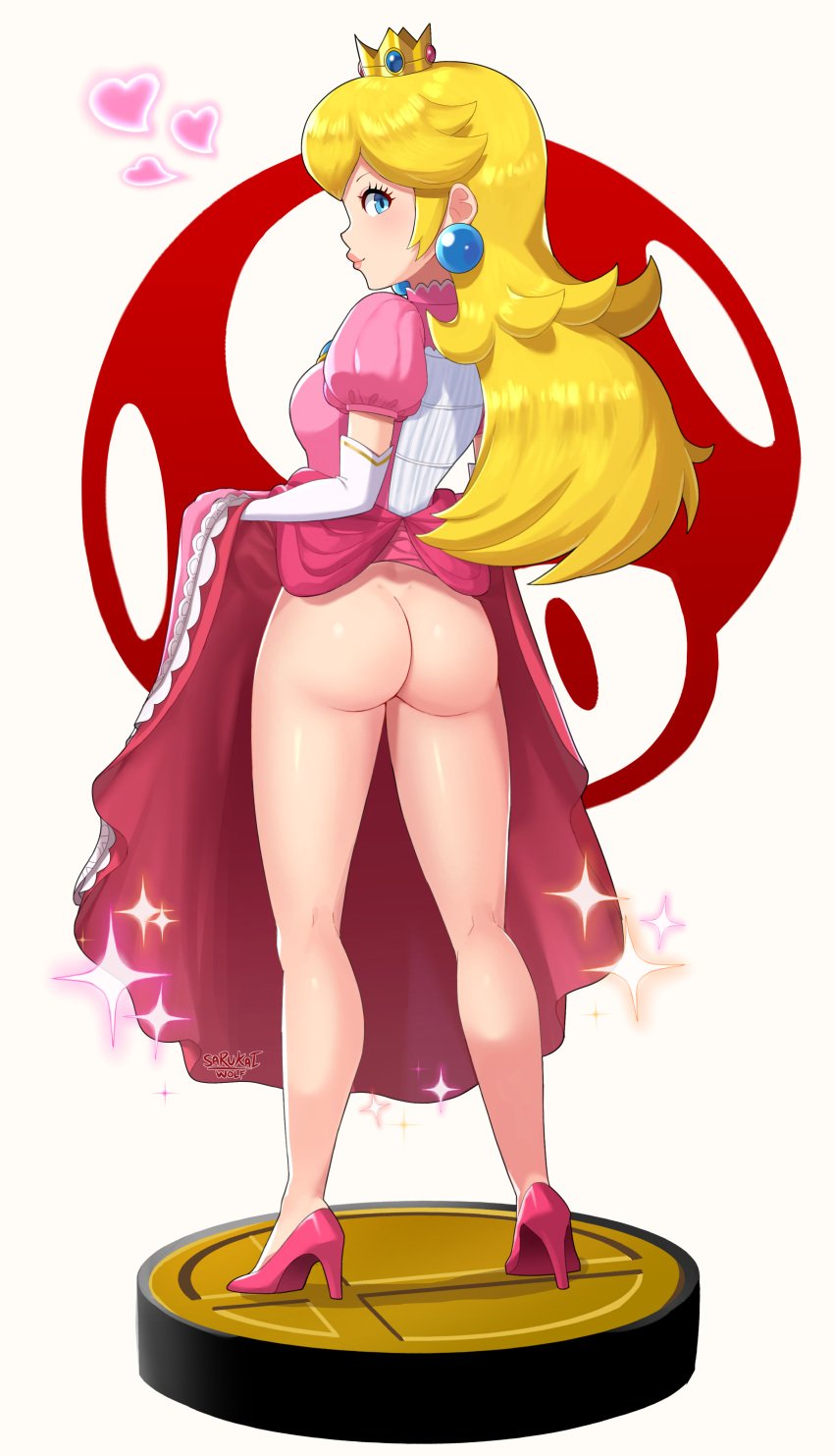 amiibo ass bare_legs blonde_hair blue_eyes dress dress_lift female female_only mario_(series) nintendo no_panties partially_clothed pink_dress presenting_hindquarters princess_peach sarukaiwolf solo super_mario_bros. super_smash_bros. tagme white_background