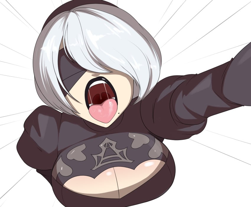 black_lips black_lipstick bob_cut female imminent_vore large_breasts mawshot nier:_automata open_mouth sealguy short_hair tongue_out vore white_hair yorha_2b