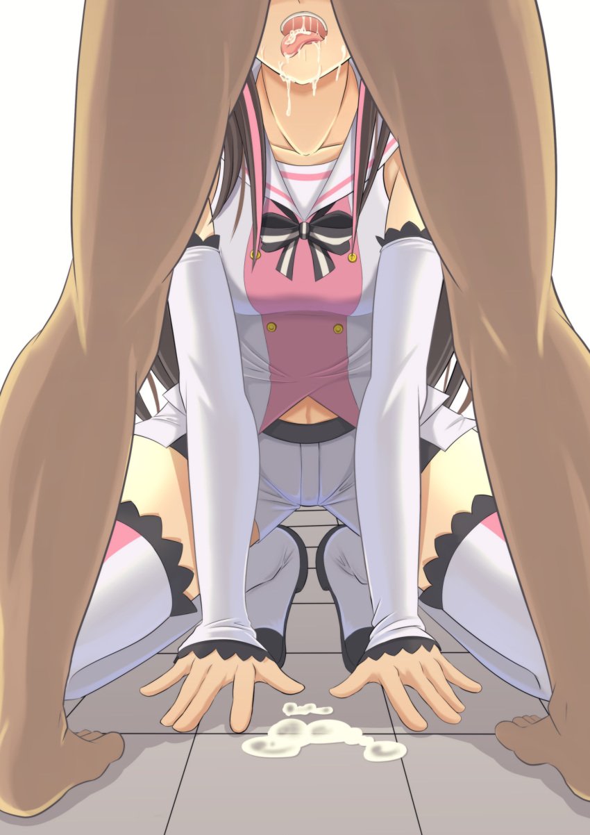 1boy a.i._channel absurdres arm_support barefoot boots collarbone cum cum_in_mouth cum_on_floor detached_sleeves drooling fellatio female highres kizuna_ai kizuna_ai_inc. long_sleeves midriff navel oral sailor_collar shirt short_shorts shorts sinyadaze sleeveless sleeveless_shirt squatting standing stomach thigh_boots thighhighs tongue tongue_out virtual_youtuber white_background white_footwear white_sailor_collar white_shorts white_sleeves zettai_ryouiki