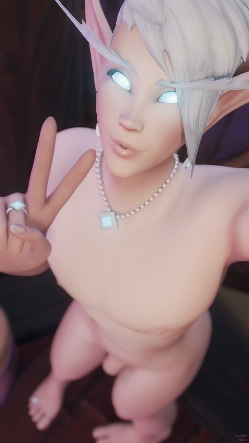 1boy 3d alua alua_(character) blender colonelyobo femboy girly looking_at_viewer male male_only nude penis selfie trap world_of_warcraft