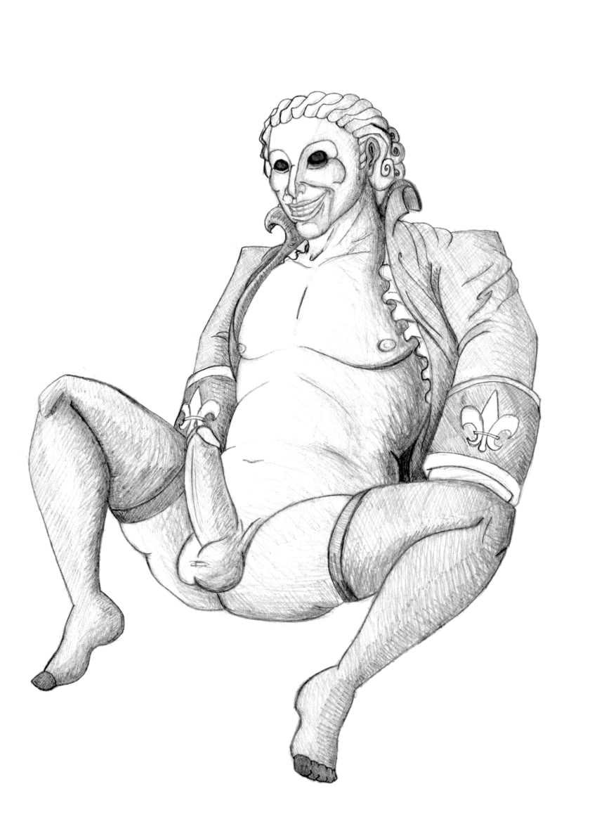 1boy 2019 absurd_res big_balls big_penis black_and_white black_eyes chubby clothing curly_hair dark_deception decorations gold_watchers humanoid humanoid_penis male male_only monochrome monster nipples sirmaxwell sitting smile spread_legs stockings teeth testicles traditional_media_(artwork)