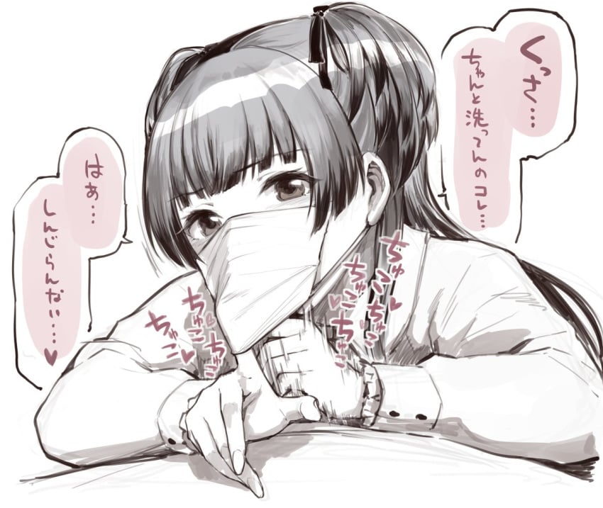 fellatio_under_mask female greyscale hair_ribbon handjob idolmaster idolmaster_shiny_colors implied_fellatio looking_at_viewer mayuzumi_fuyuko monochrome pov ribbon short_twintails solo_focus sunaba_suzume surgical_mask translation_request twintails