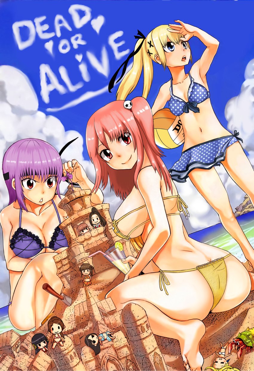 ayane_(doa) beach bikini bikini_bottom bikini_top blonde_hair bowsey chibi crossover day dead_or_alive eyepatch_bikini fatal_fury female helena_douglas honoka_(doa) human human_only kasumi_(doa) king_of_fighters kokoro_(doa) lei_fang looking_at_viewer looking_back mai_shiranui marie_rose mashima_hiro minigirl momiji_(ninja_gaiden) multiple_girls nyotengu pink_hair purple_hair side_ponytail size_difference smile snk third-party_edit