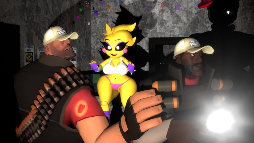 2boys 2girls 3d baseball_cap crossover dark-skinned_male dark_skin demoman female five_nights_at_freddy's five_nights_at_freddy's_2 garry's_mod heavy_weapons_guy lefty_(fnaf) male nightguard palpatinedewit robot robot_girl scared tagme team_fortress_2 toy_chica_(eroticphobia) toy_chica_(fnaf)