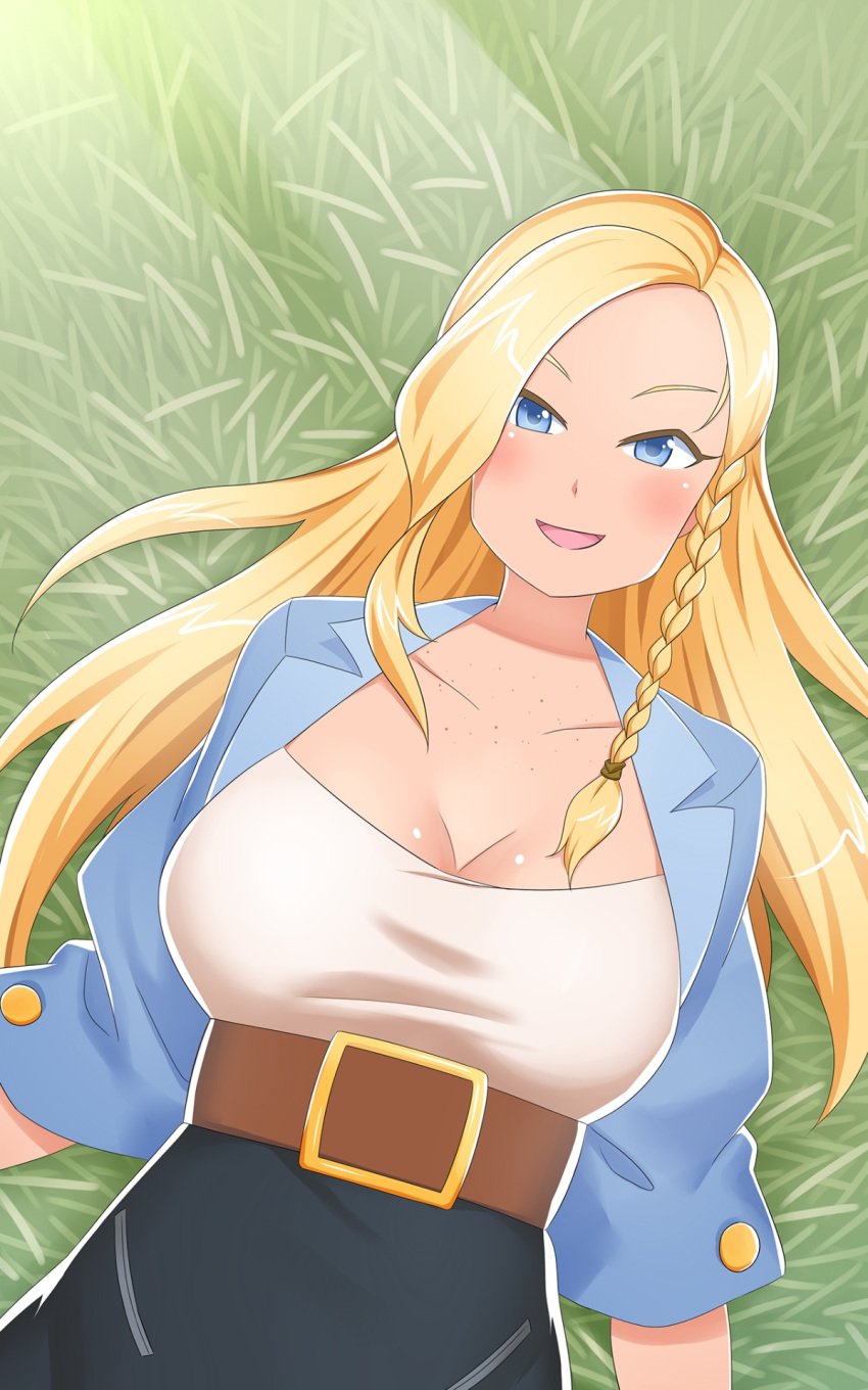 blonde_hair blue_eyes booty_calls clothed freya_(booty_calls) grass