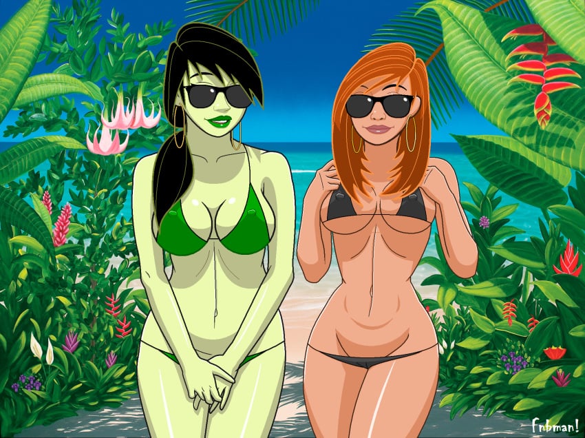 2girls artist_name bare_shoulders big_breasts bikini bikini_bottom bikini_top black_hair busty cleavage curvy day detailed_background disney duo ear_piercing earrings erect_nipple erect_nipples female female_only fnbman front_view g-string glasses green_lipstick hoop_earrings hourglass_figure human kim_possible kimberly_ann_possible lipstick long_hair looking_at_viewer makeup midriff multiple_females multiple_girls nipple_bulge older open_mouth orange_hair outdoor outside redhead shego shiny shiny_skin skimpy standing sunglasses swimsuit text thong tinted_eyewear tree underboob voluptuous water wide_hips