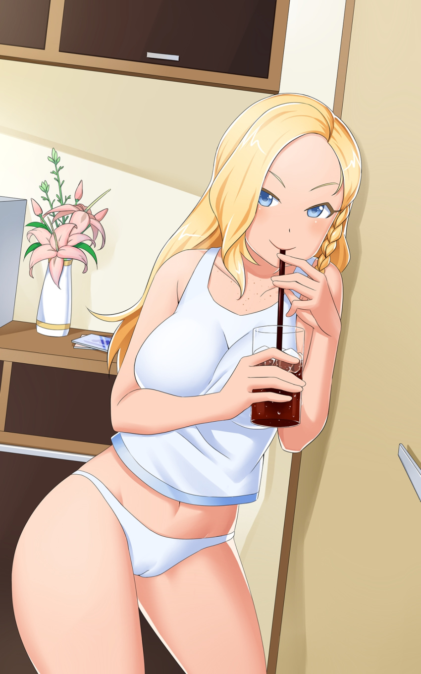 blonde_hair blue_eyes booty_calls clothed drink drinking_glass drinking_straw freckles freya_(booty_calls) looking_at_viewer panties vest