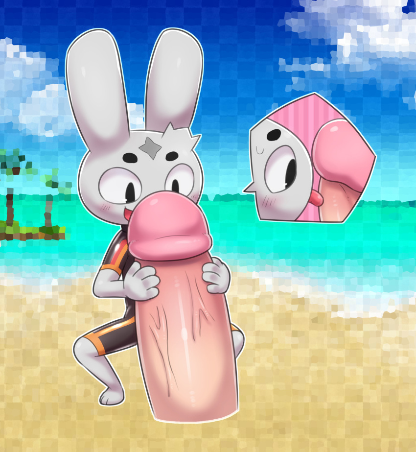 beach blush blush_lines clothing genitals hi_res lagomorph latex leporid licking male mammal ninjin_(ninjin_clash_of_carrots) ninjin_clash_of_carrots ofuro oral penile penis penis_lick rabbit seaside sex solo swimwear tongue tongue_out