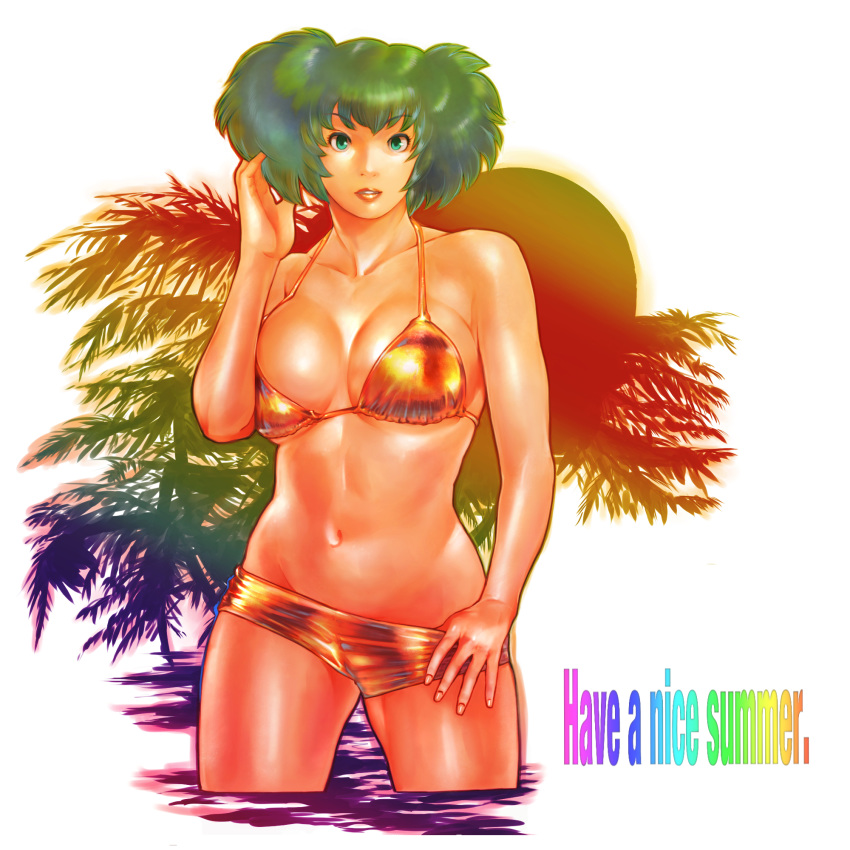 bikini cleavage cowboy_shot english_text female green_hair large_breasts lips looking_at_viewer medium_hair partially_submerged pinup poster pulling rainbow_text shiny_clothes shiny_skin solo vigwer