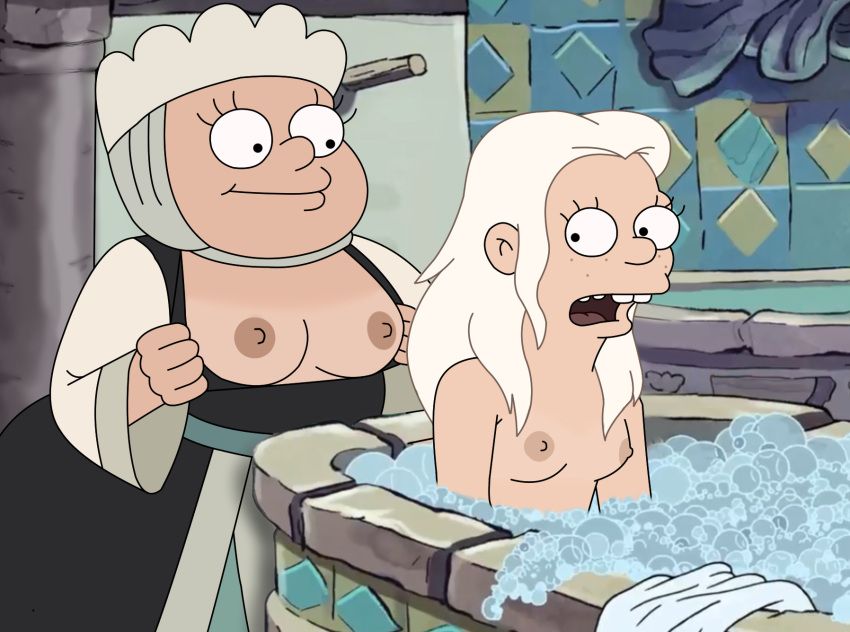 2girls accurate_art_style bath bathing bathtub breasts breasts_out brown_nipples buckteeth bunty calarts disenchantment edit female female_only freckles human multiple_females multiple_girls nipples nobodyman9000 princess_tiabeanie screenshot screenshot_edit tanline water white_hair