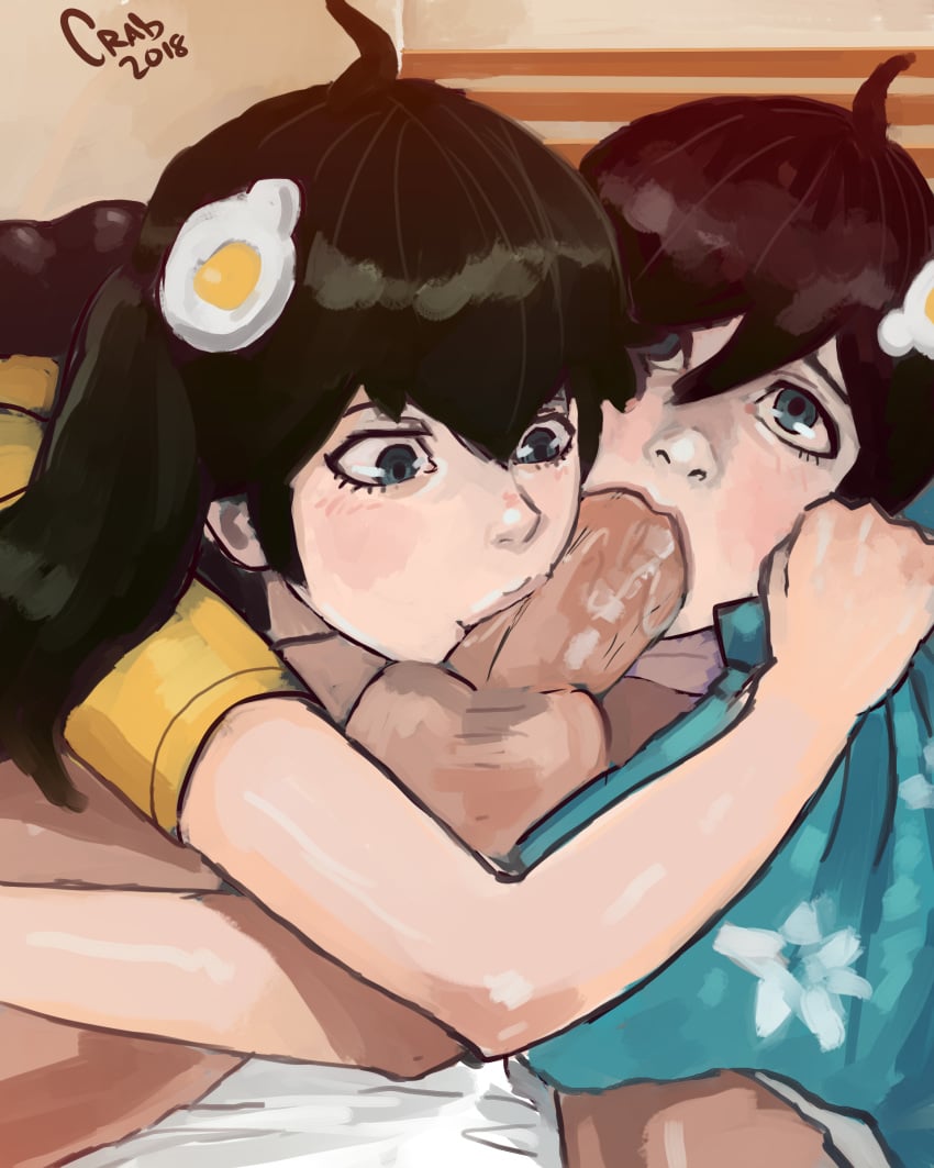 1boy 2girls araragi_karen araragi_tsukihi black_hair close-up collaborative_fellatio crab_(artist) fellatio female high_resolution long_hair male monogatari_(series) multiple_girls open_mouth oral penis siblings sisters teamwork very_high_resolution