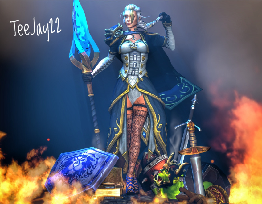 1boy 3d 3d_(artwork) alliance alliance_(warcraft) alliance_shield alliance_symbol blizzard_entertainment blue coat effects female fire hair heels high_heels horde human human_female human_mage jaina_proudmoore light-skinned_female light_skin mage_(warcraft) male male/female model nylons orc orc_male patreon patreon_username photo picture pose posing poster smile smoke source_filmmaker staff_of_antonidas standing stockings teejay22 wallpaper warcraft world_of_warcraft