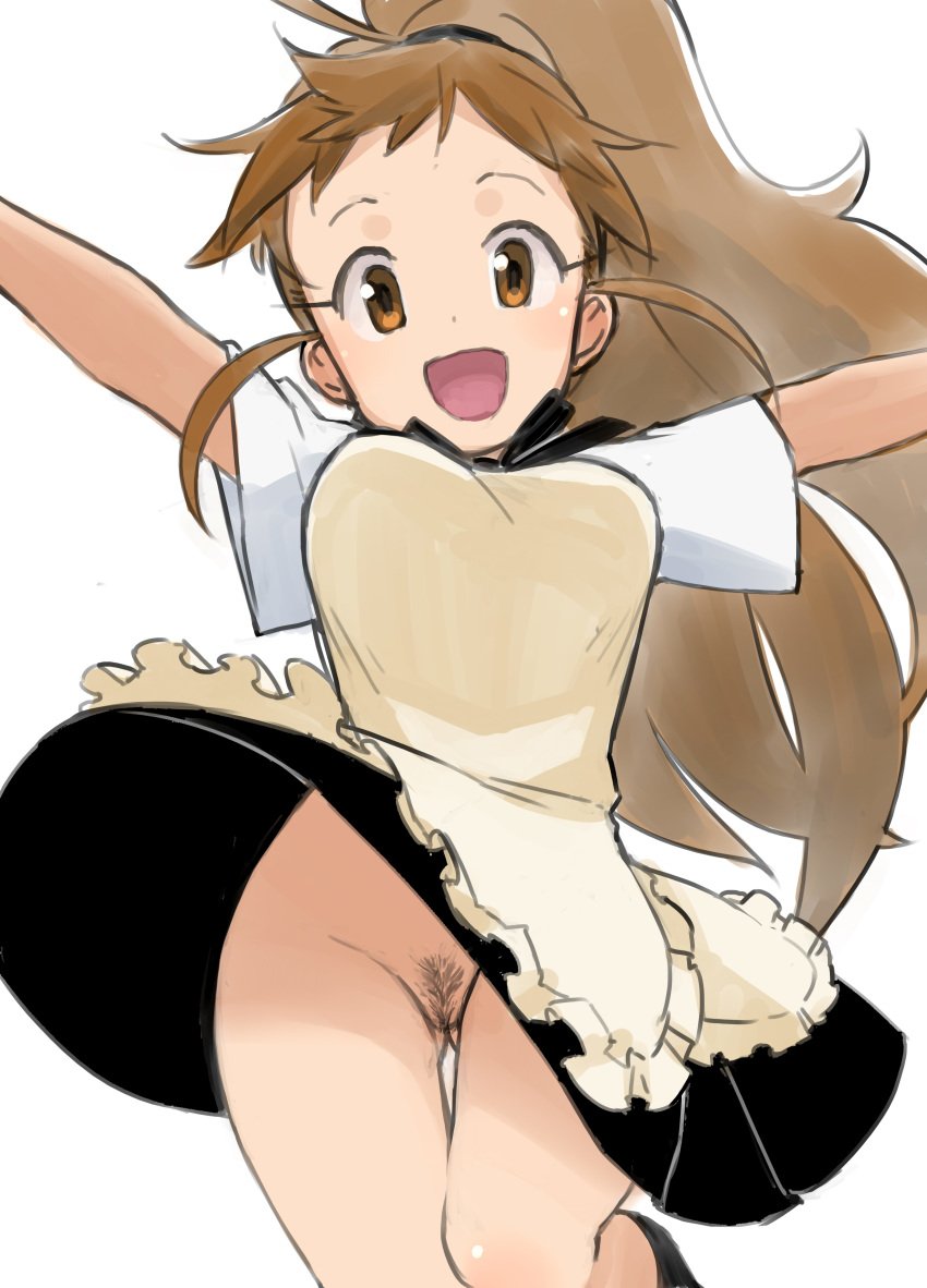 :d absurdres apron ass_visible_through_thighs beige_apron black_legwear black_skirt breasts brown_eyes brown_hair casual circle_skirt employee_uniform female frilled_apron frills hamahara_yoshio highres jumping long_hair looking_at_viewer no_panties open_mouth ponytail pubic_hair shirt simple_background skirt skirt_lift smile socks solo taneshima_popura thigh_gap underwear uniform wagnaria_uniform waitress white_background white_shirt wind wind_lift working!!